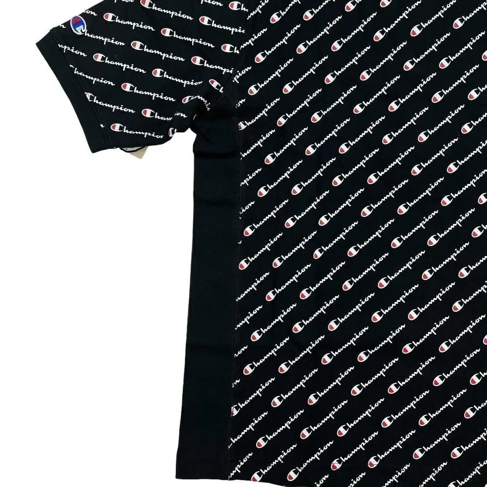 New Champion Men US S Small Black Polo Short Sleeve Logo Pattern 3-Button Jersey - Picture 5 of 10